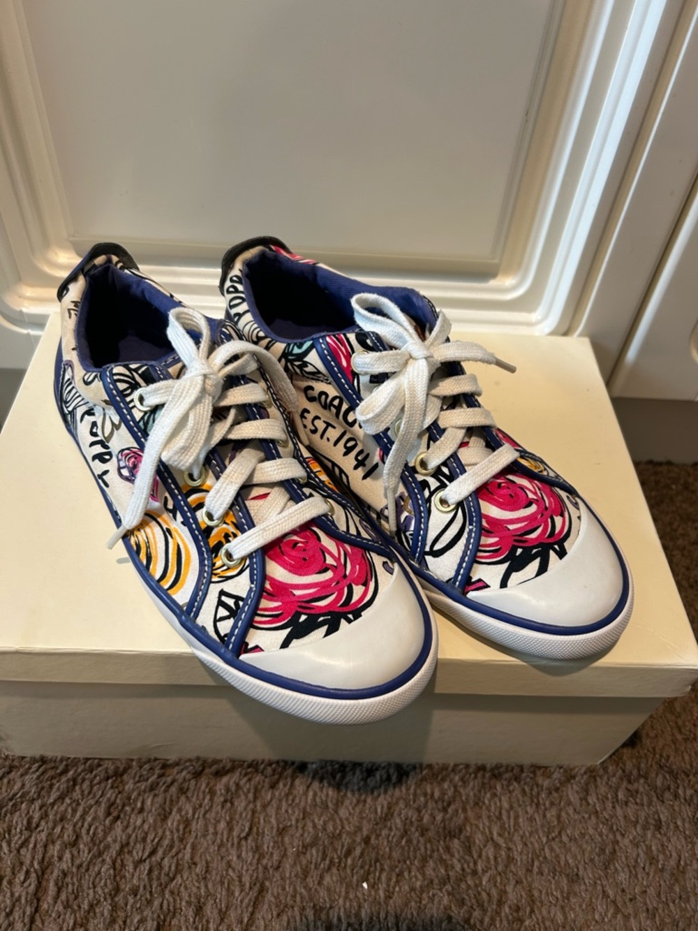 Coach Floral Low-Top Sneakers in White with Pink & Yellow Roses